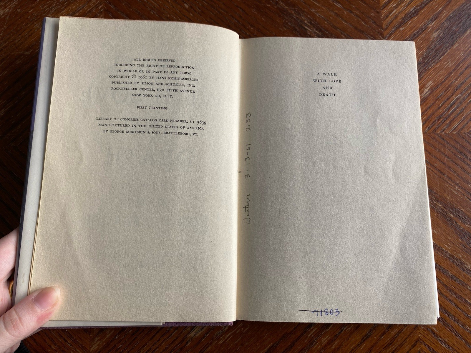 Walk With Love And Death by Hans Koningsberger 1961 Simon and Schuster HC DJ