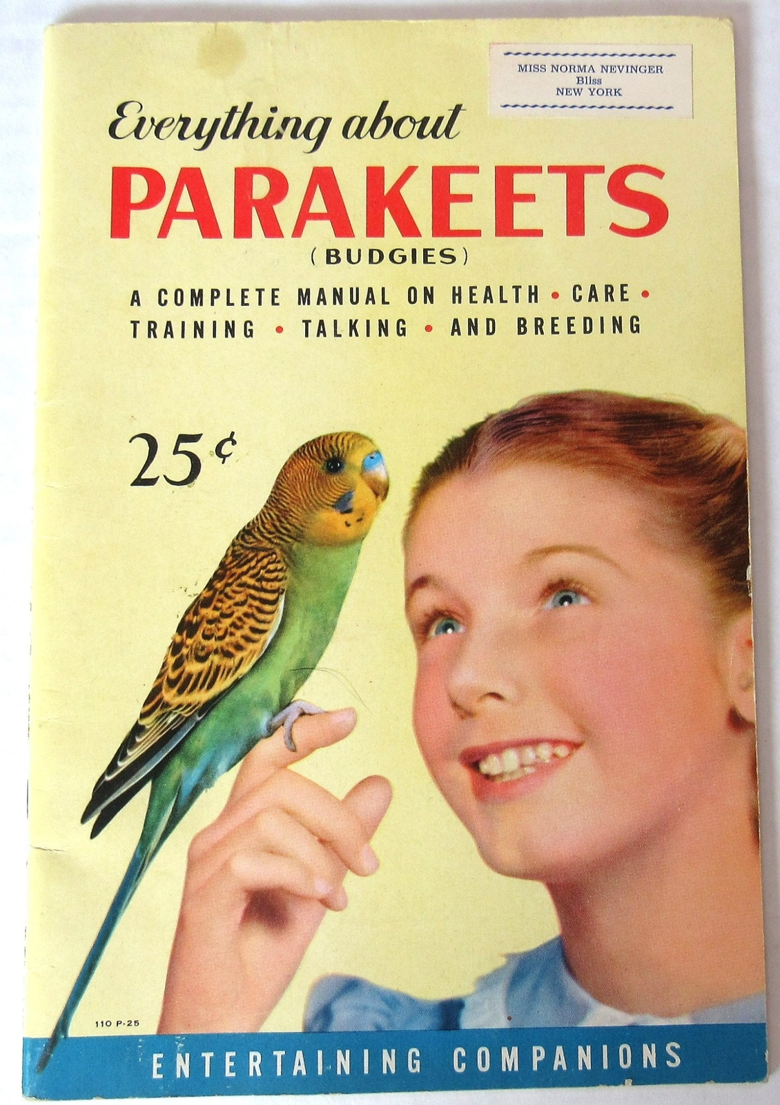 1953 EVERYTHING ABOUT PARAKEETS BUDGIES HARTZ MANUAL HEALTH TRAINING TALKING USA