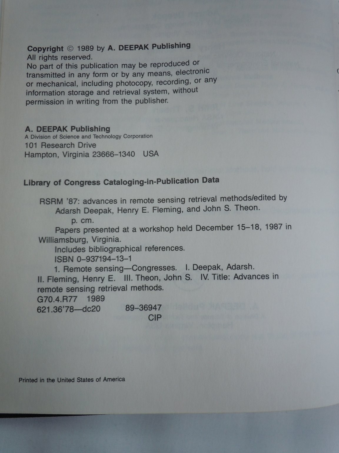 Advances in Remote Sensing Retrieval Methods Deepak Fleming Theon 1989