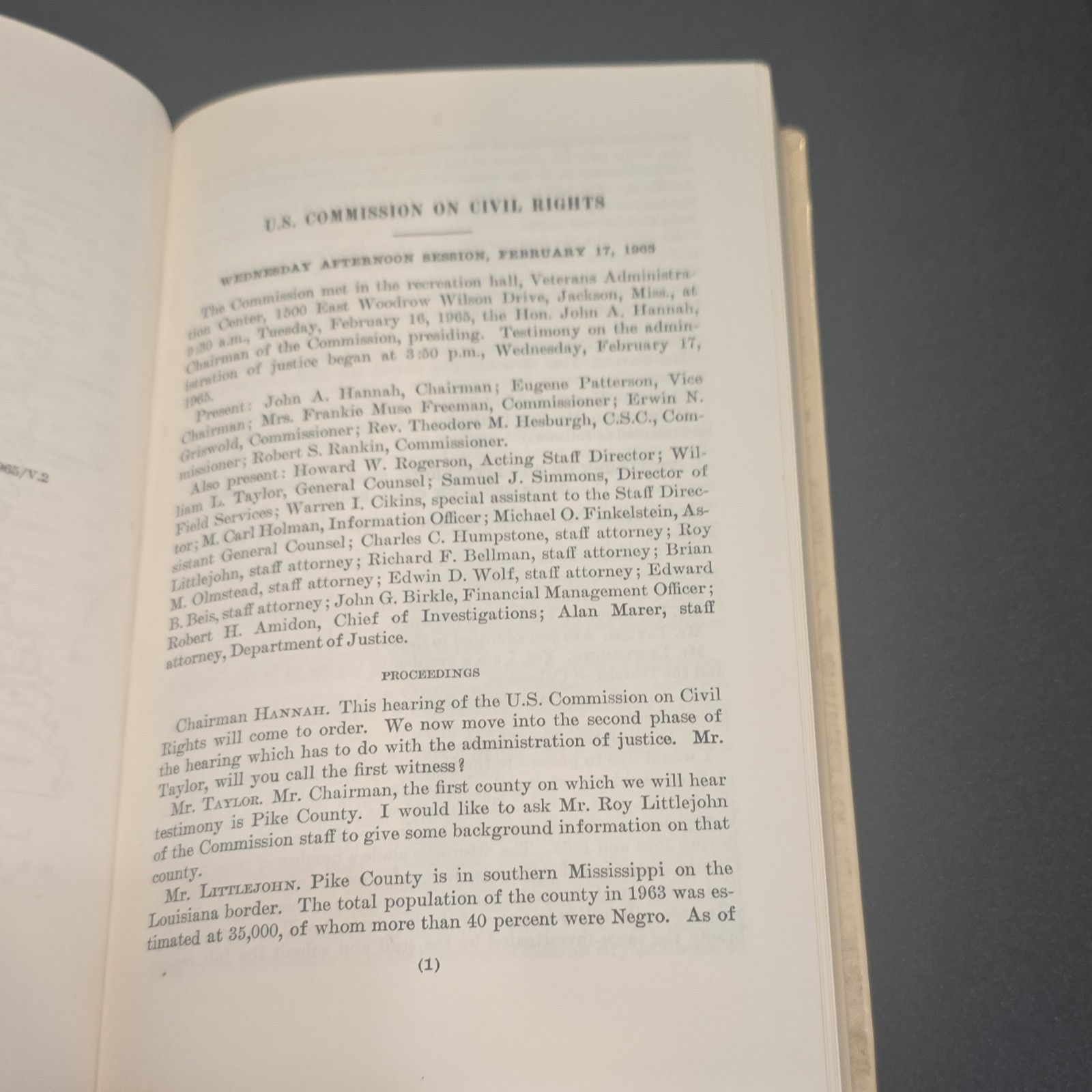 US Commission on Civil Rights Hearings Vol II Admin of Justice HC 1965 ExLib