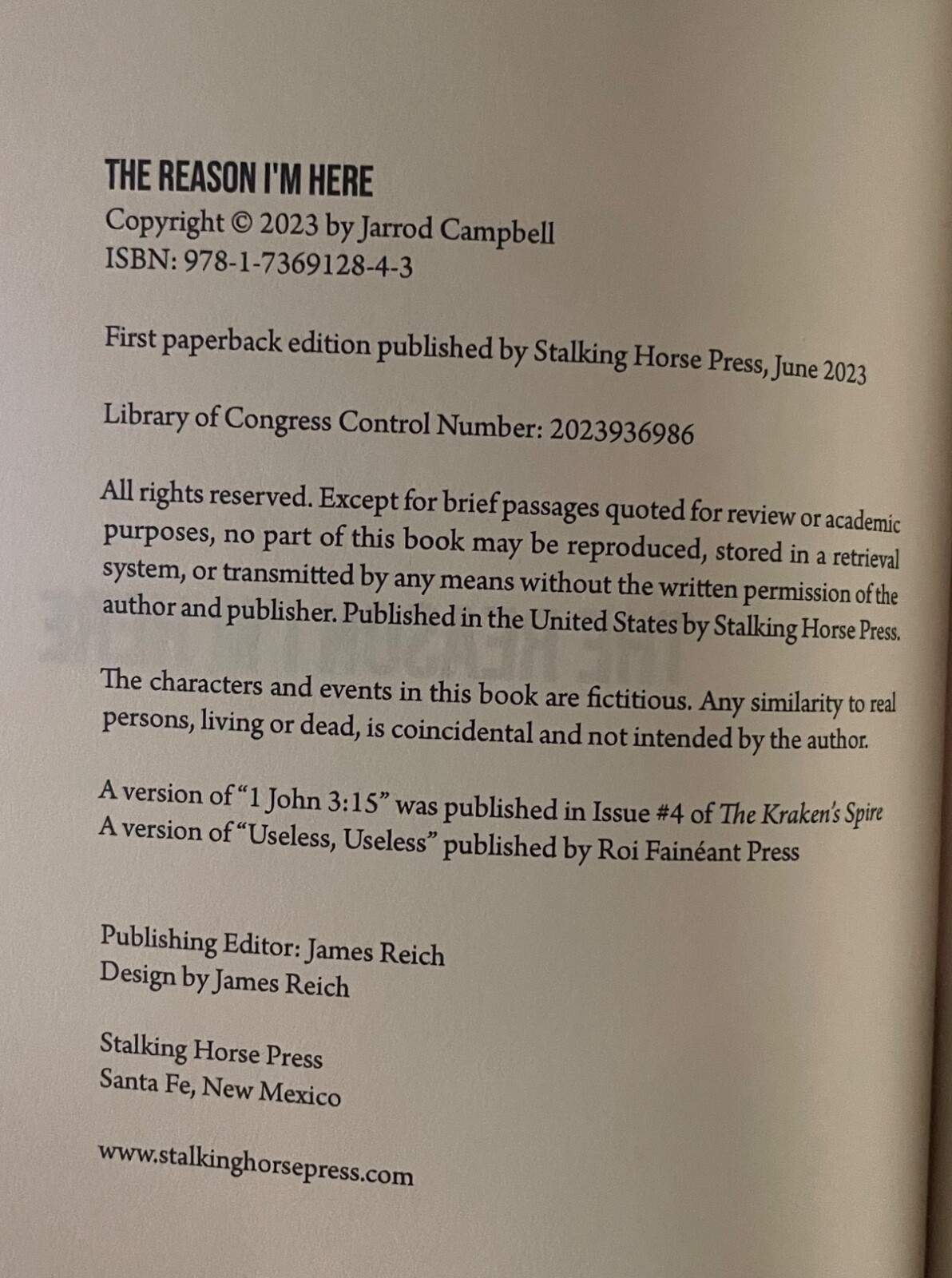 The Reason I’m Here: Stories by Jarrod Campbell (Signed/ 2023 / Paperback / NEW)