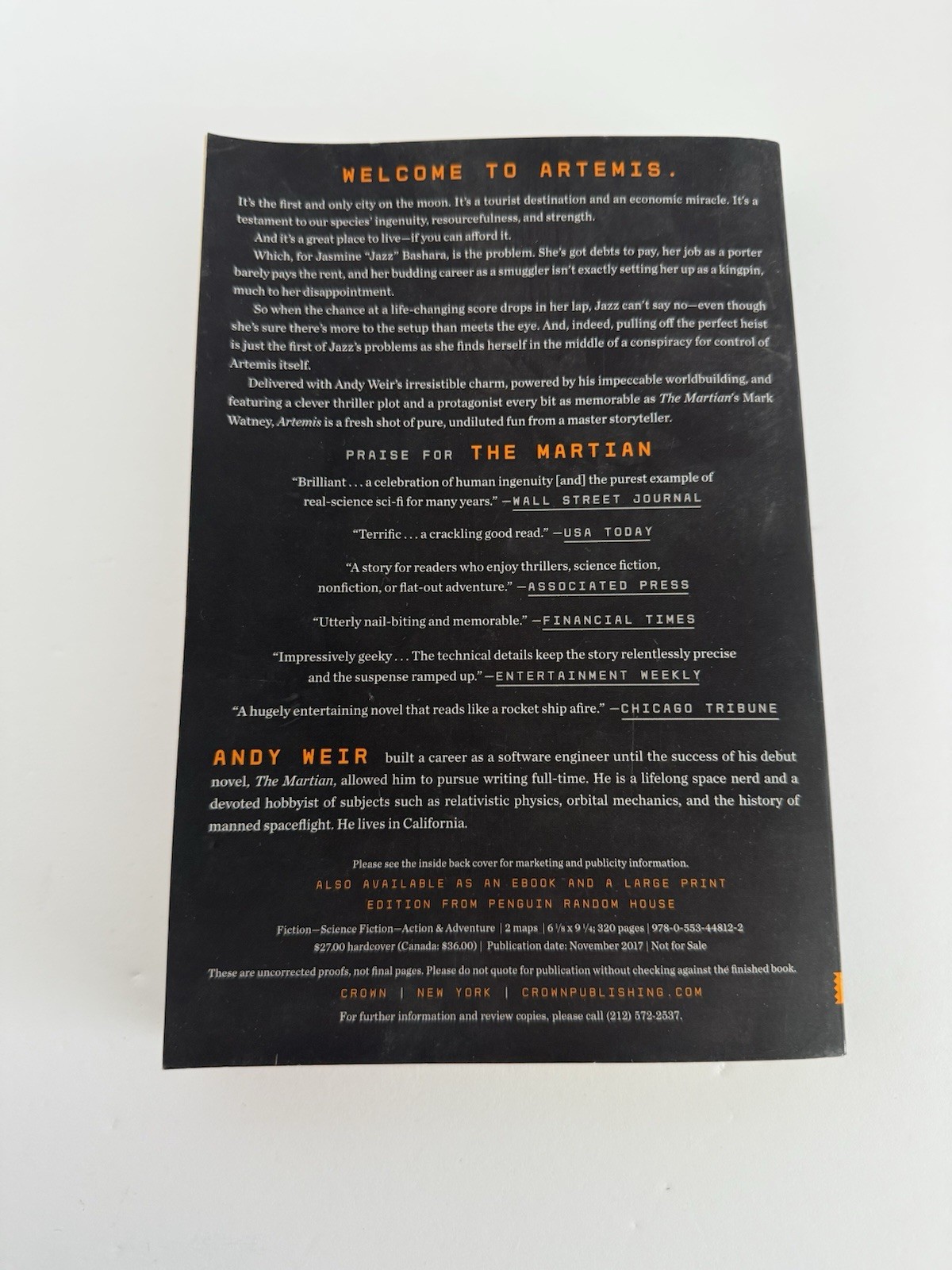 ARTEMIS, Andy Weir (2017 Advance Reader’s Edition) 1st Edition Uncorrected Proof