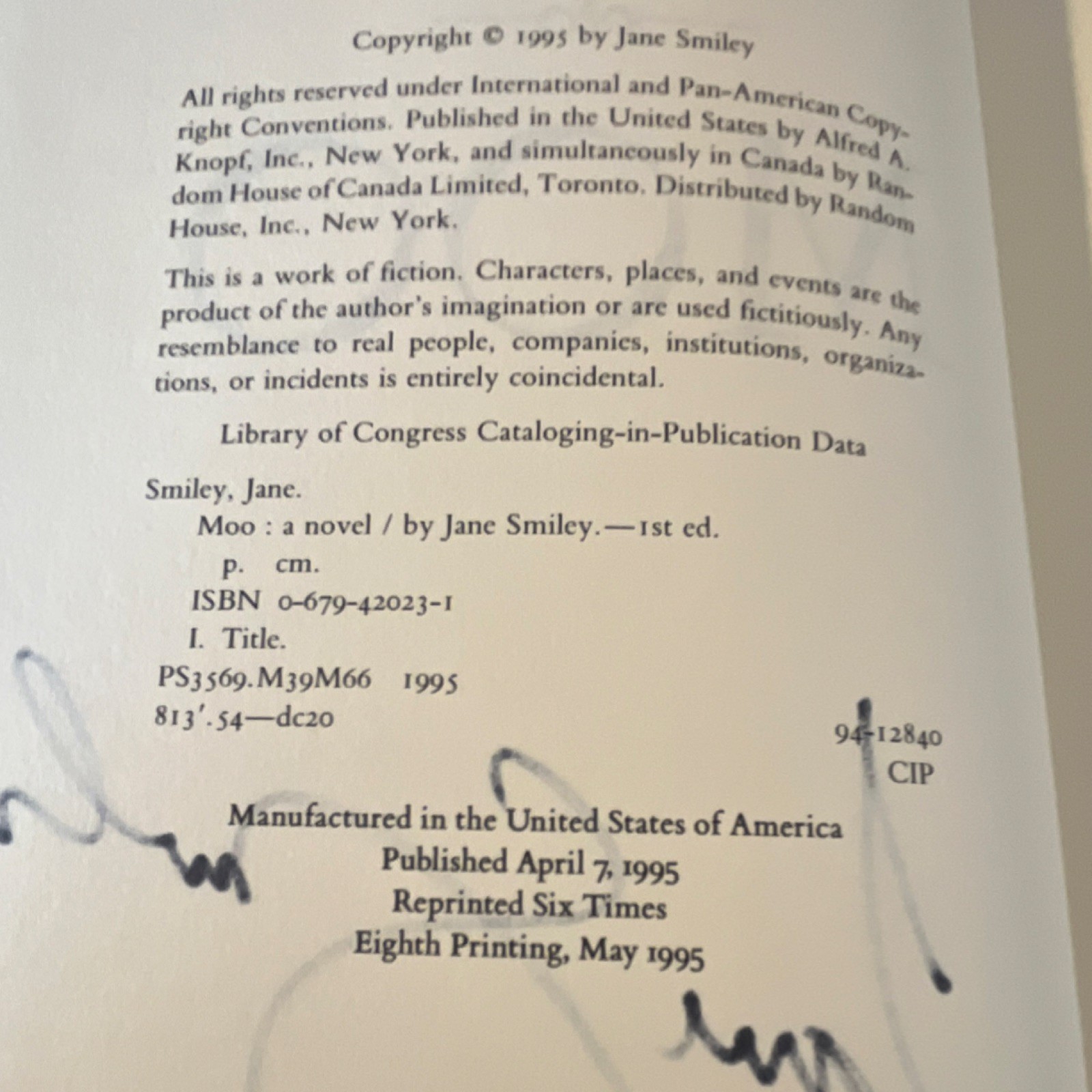 Alfred A. Knopf Moo by Jane Smiley, Hardcover 1995 1st Ed Signed Inscribed DJ