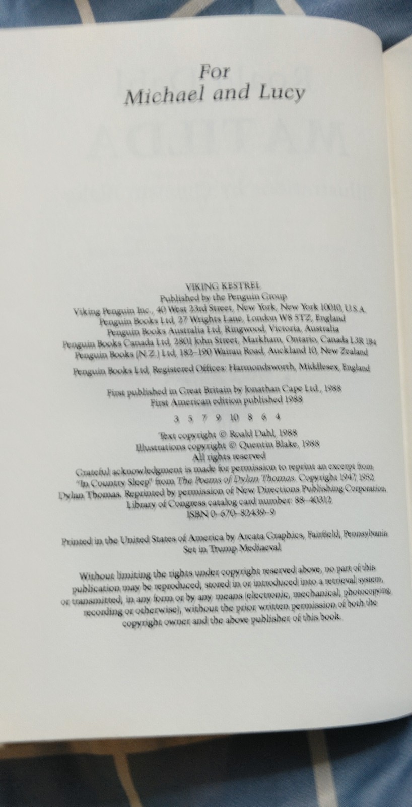 Matilda by Ronald Dahl — Hardcover, DJ — 1st Edition, 3rd Print — 1988 Viking