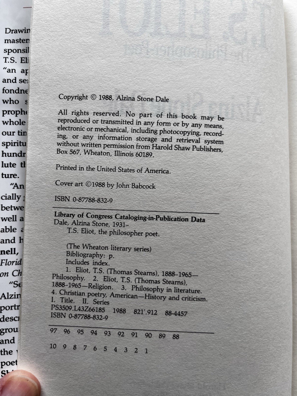 T.S. Eliot: The Philosopher Poet – By Dale – 1988 – Very Good Condition HC
