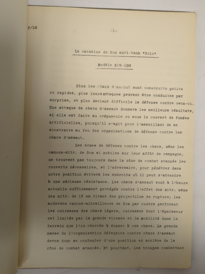La Carabine de 2cm Anti-Tank „Solo“, Modele S 18 – 100. Fabrique d’Armes Soleure