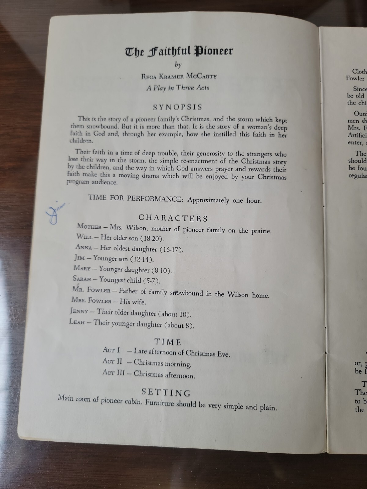 The Faithful Pioneer Rega K. McCarty Vintage Play Script Drama Three Acts