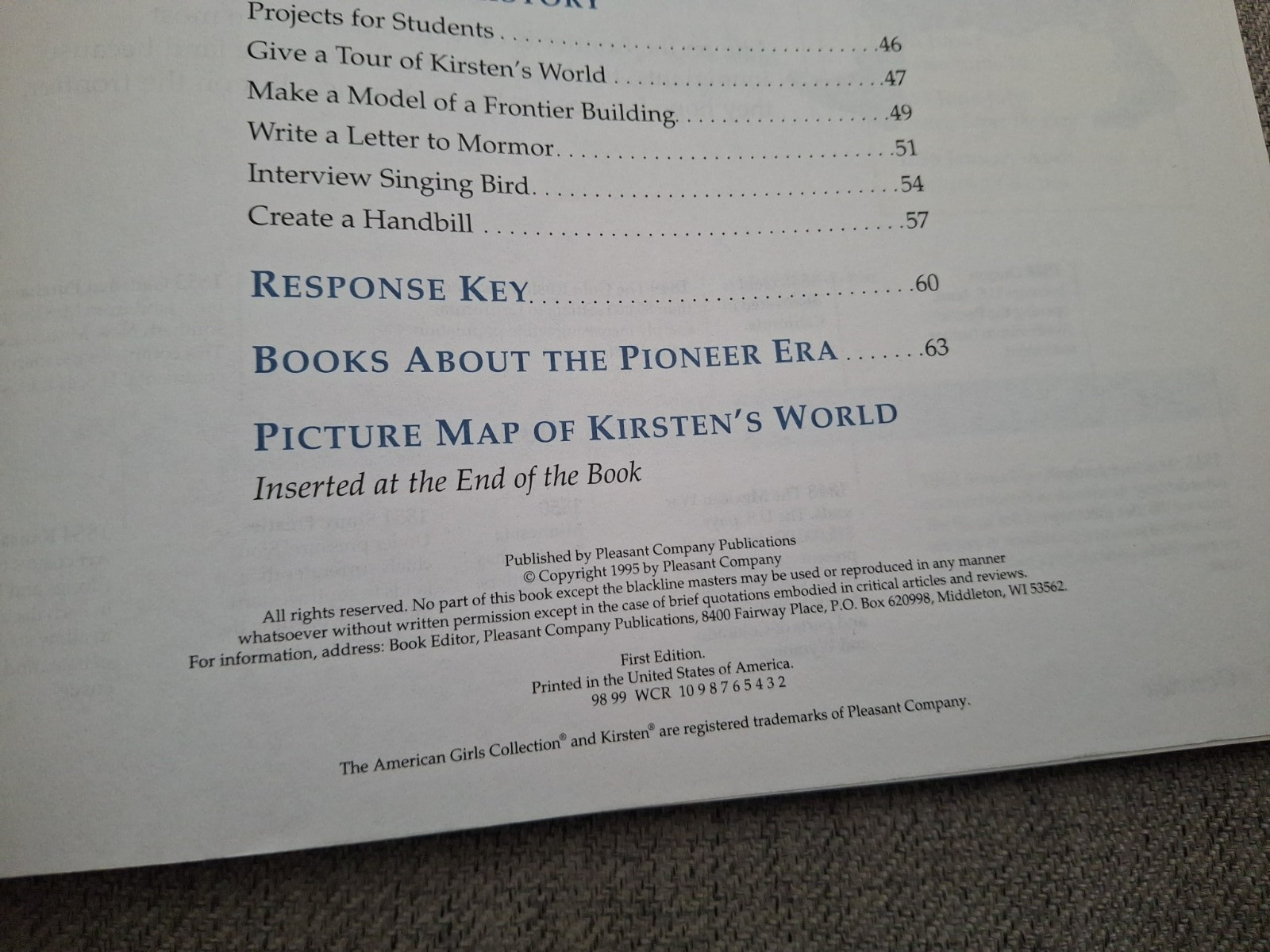 American Girls Collection Kirsten Teacher’s Guide w/ Map -1 Page Has Writing