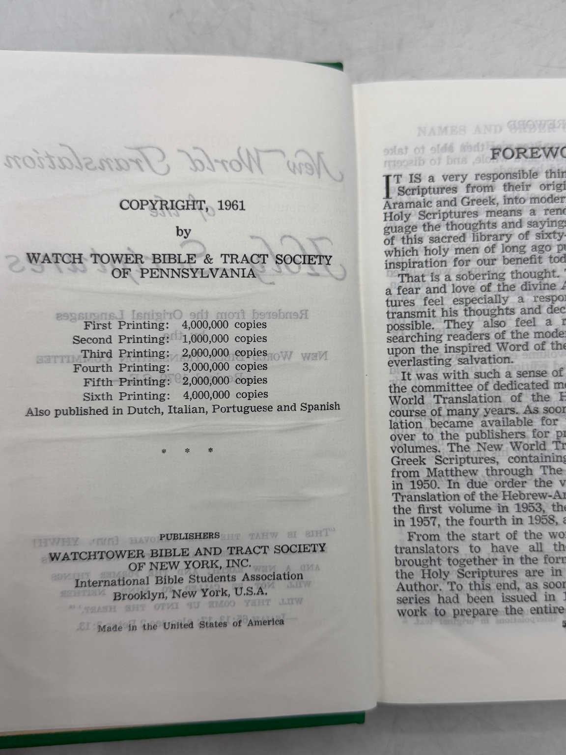 New World Translation Holy Scriptures 1961 Watch Tower Bible & Tract Society