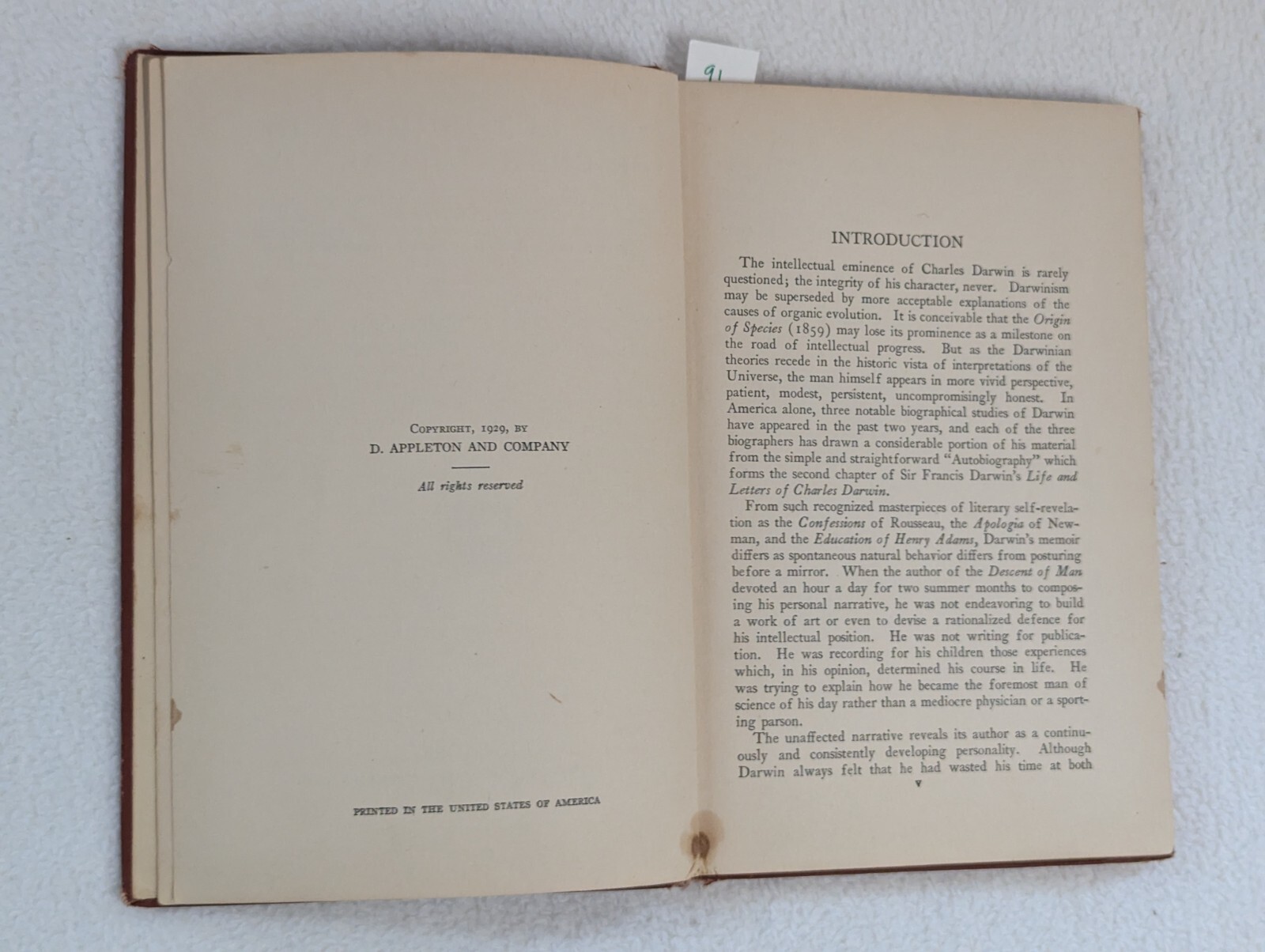 The Autobiography of Charles Darwin ~ Antique 1929 Hardcover ~ D. Appleton & Co