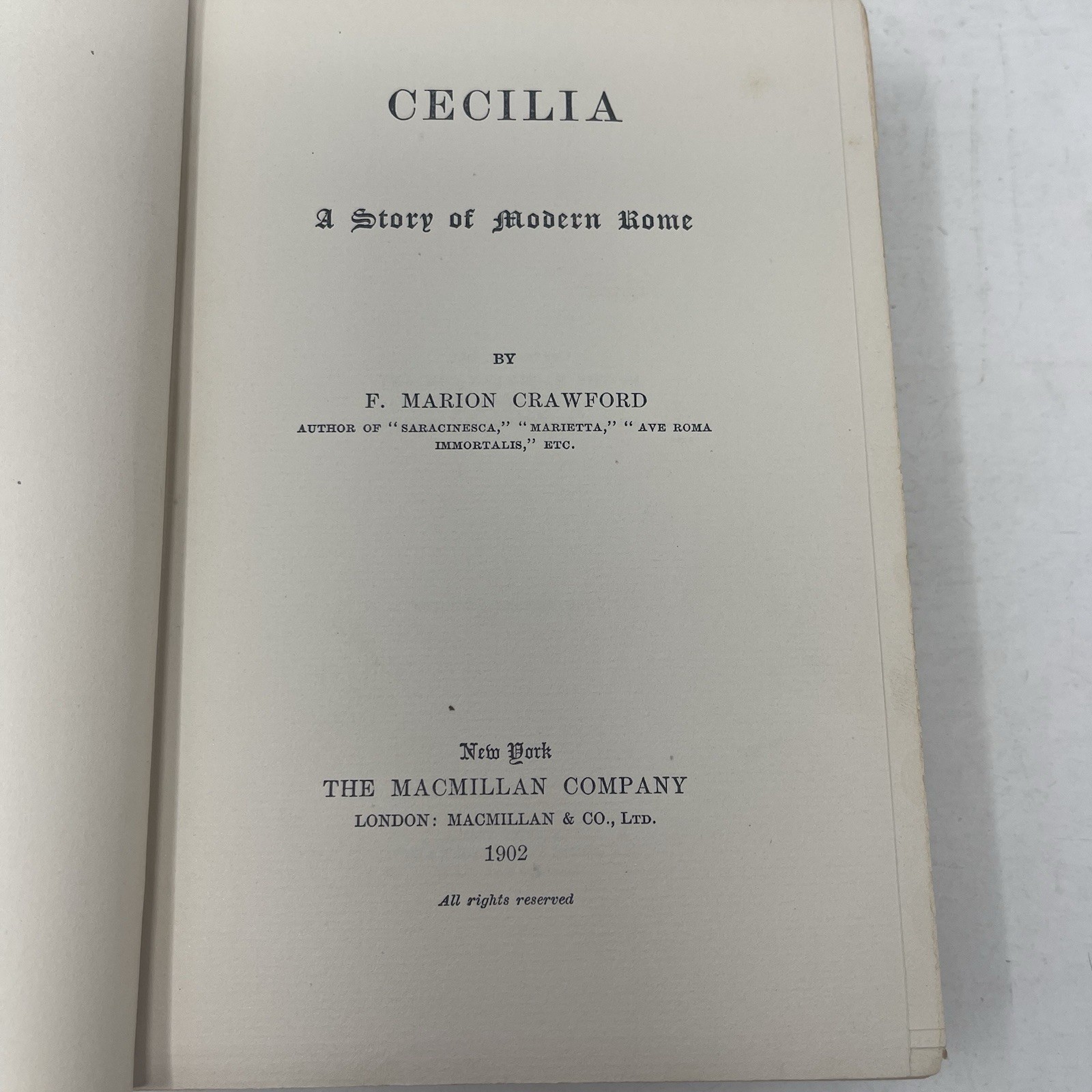 Cecilia Story of Modern Rome F Marion Crawford 1902 HC Macmillan Company