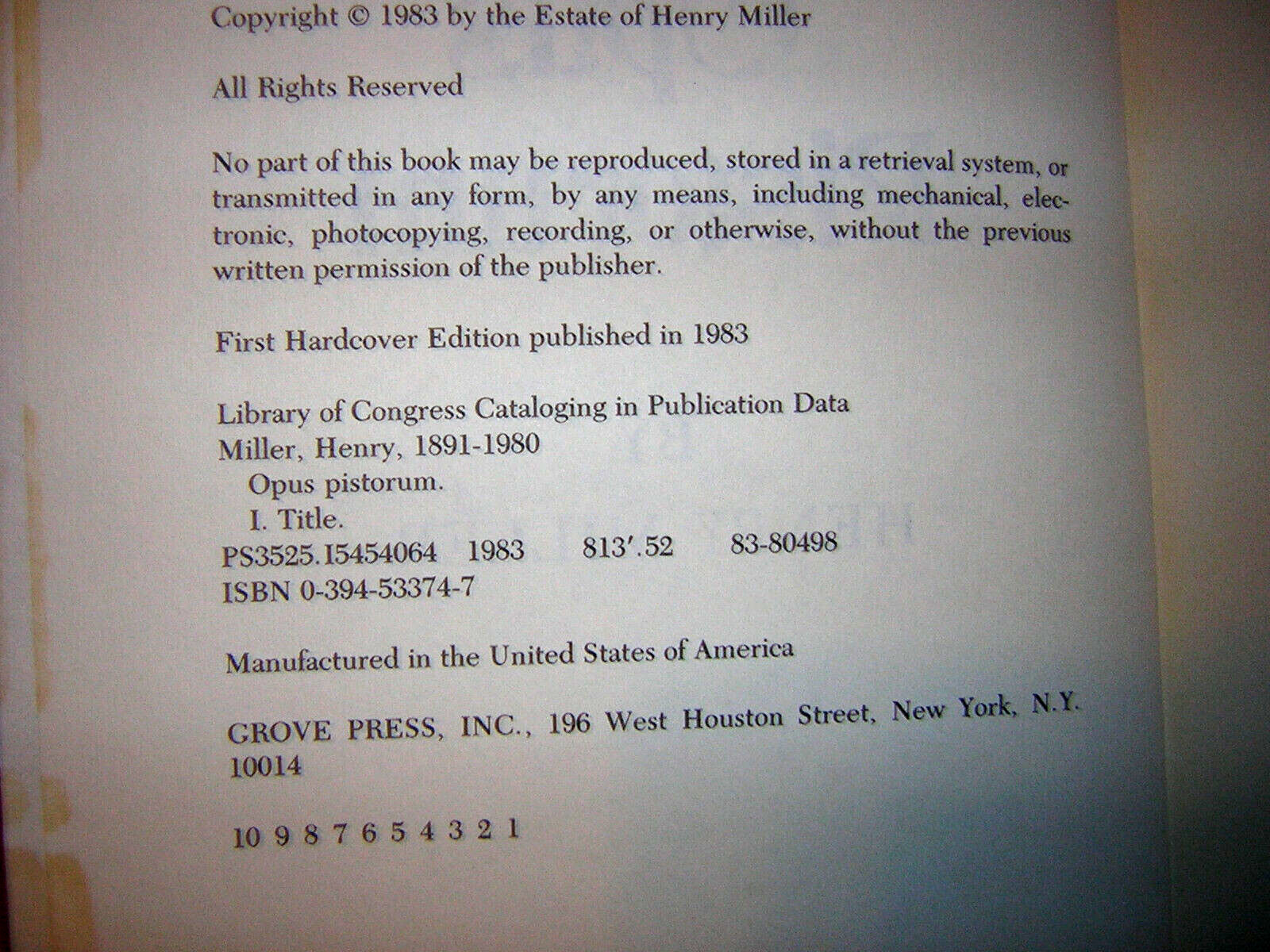 Opus Pistorum by Henry V. Miller (1983, Hardcover) 288pages MatureAdult Subject