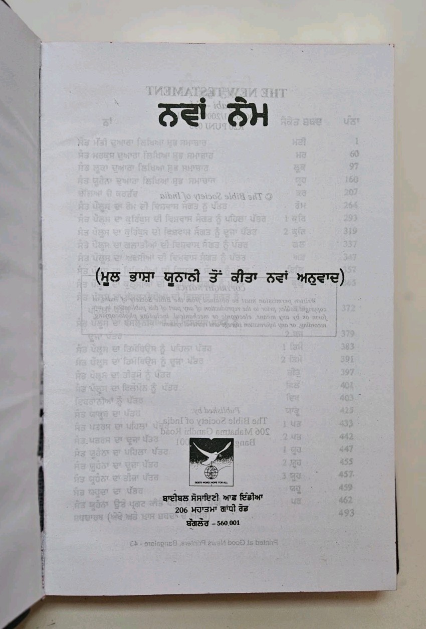 Punjabi New Testament Bible Vinyl Cover Bible Society Of India *NEW* 2009