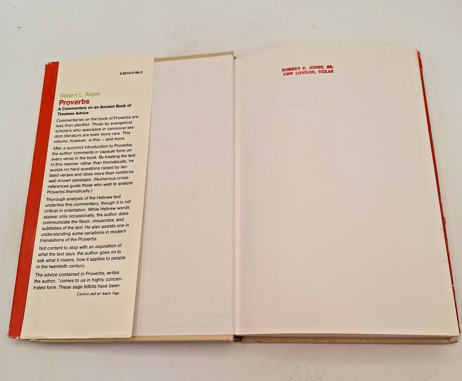 A Commentary on Proverbs ~ Robert L. Alden ~ 1983 HCDJ ~ Baker Book House