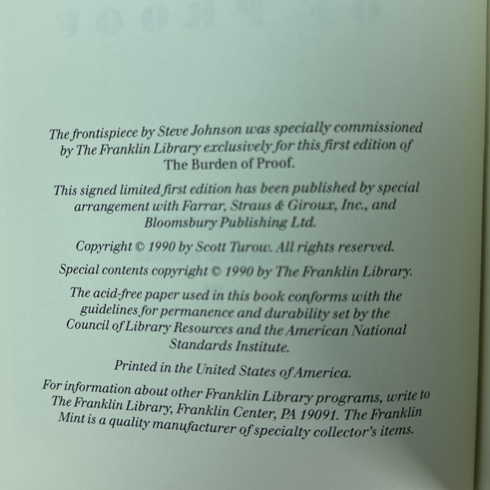 Franklin Library The Burden Of Proof Scott Turow 1990 Signed 1st Edition Leather