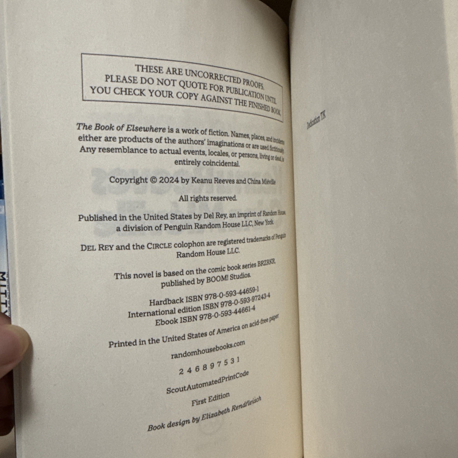 Book of Elsewhere : A Novel by China Miéville Keanu Reeves Advanced Reader Copy