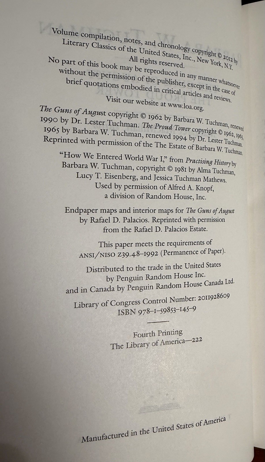 The Guns of August by Barbara W. Tuchman The Library of America 2012 Hardcover