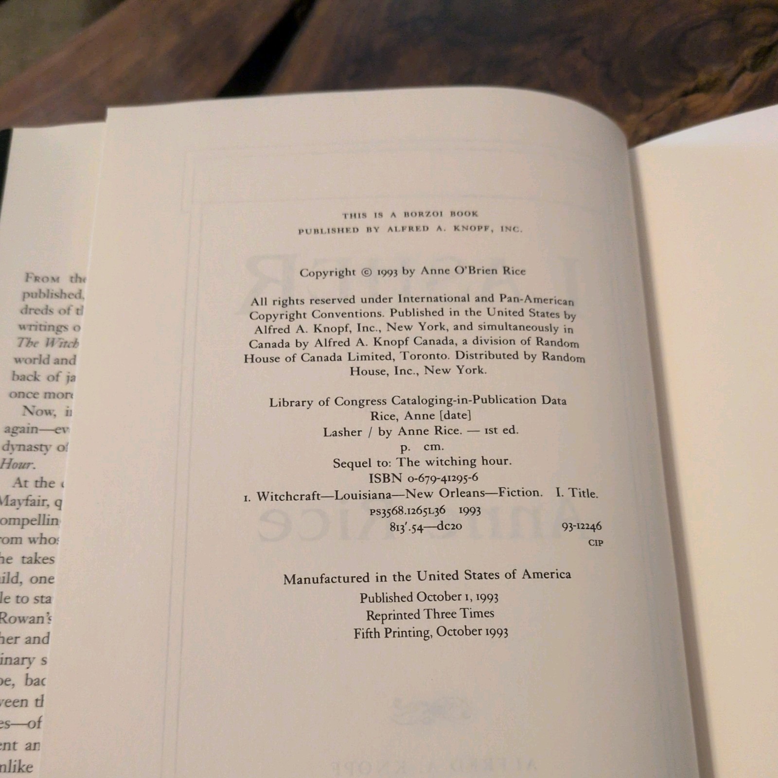 Lasher 1993 Fifth Print Bookplate Signed Hardcover/Dust Jacket by Anne Rice