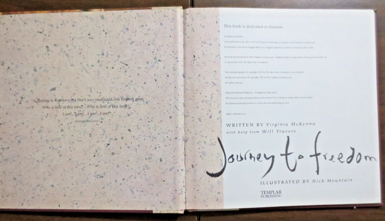 Journey to Freedom (Born Free Wildlife Books) by Virginia McKenna Hardcover