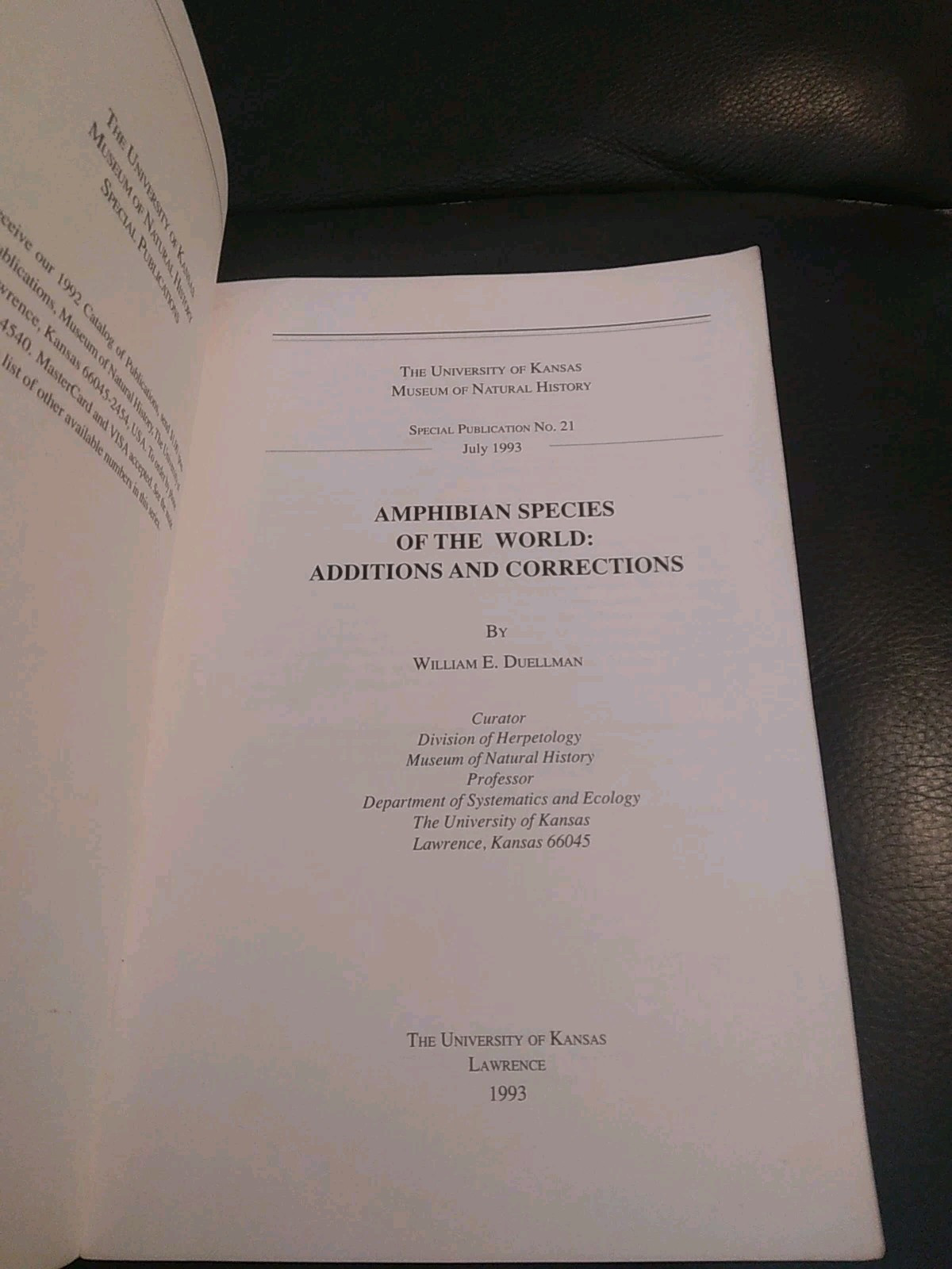 AMPHIBIANS SPECIES OF THE WORLD : ADDITIONS AND CORRECTIONS Duellman 1993