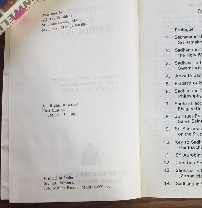 Sadhanas For Spiritual Life – Sri Ramakrishna Math (1981) Paperback -1st Edition