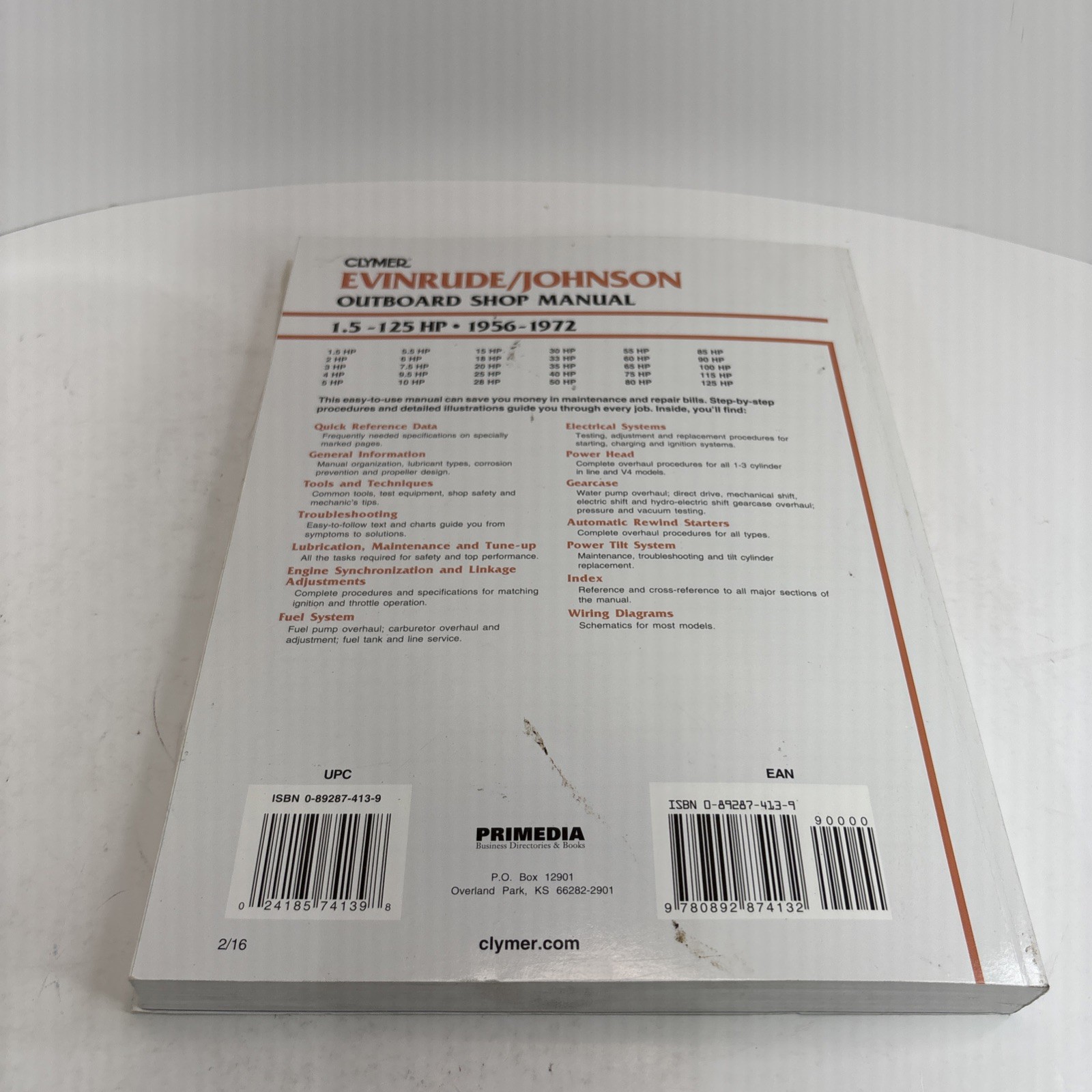 Clymer Evinrude Johnson Outboard Shop Manual 1.5-125HP 1956-1972 8734 – Good