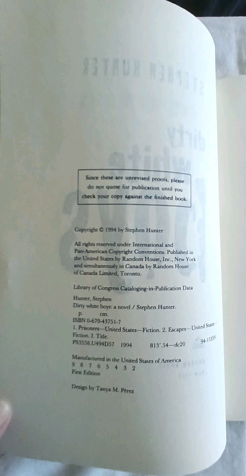 Uncorrected Proof Dirty White Boys by Stephen Hunter