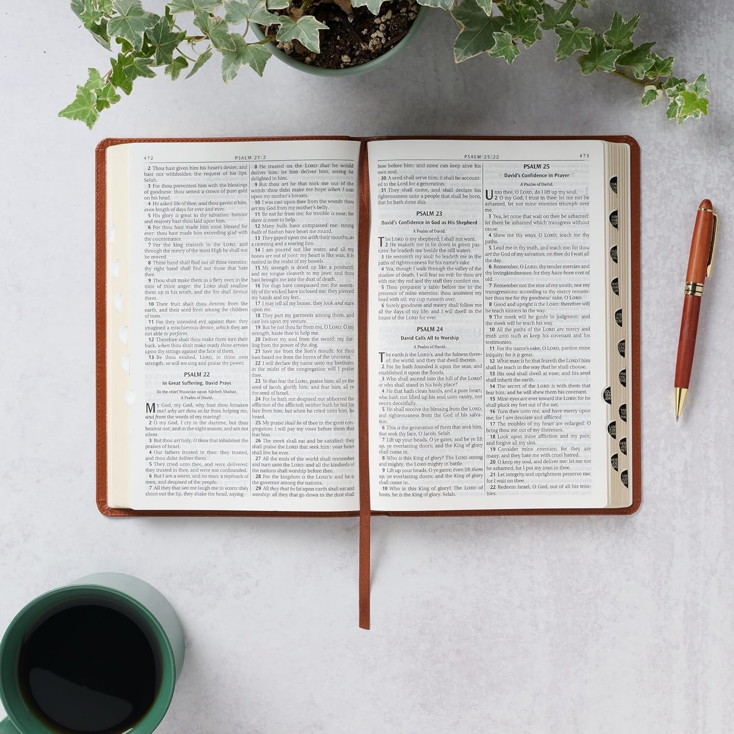 The Holy Bible King James Version LARGE PRINT Thumb Indexed Edition / TAN Faux L