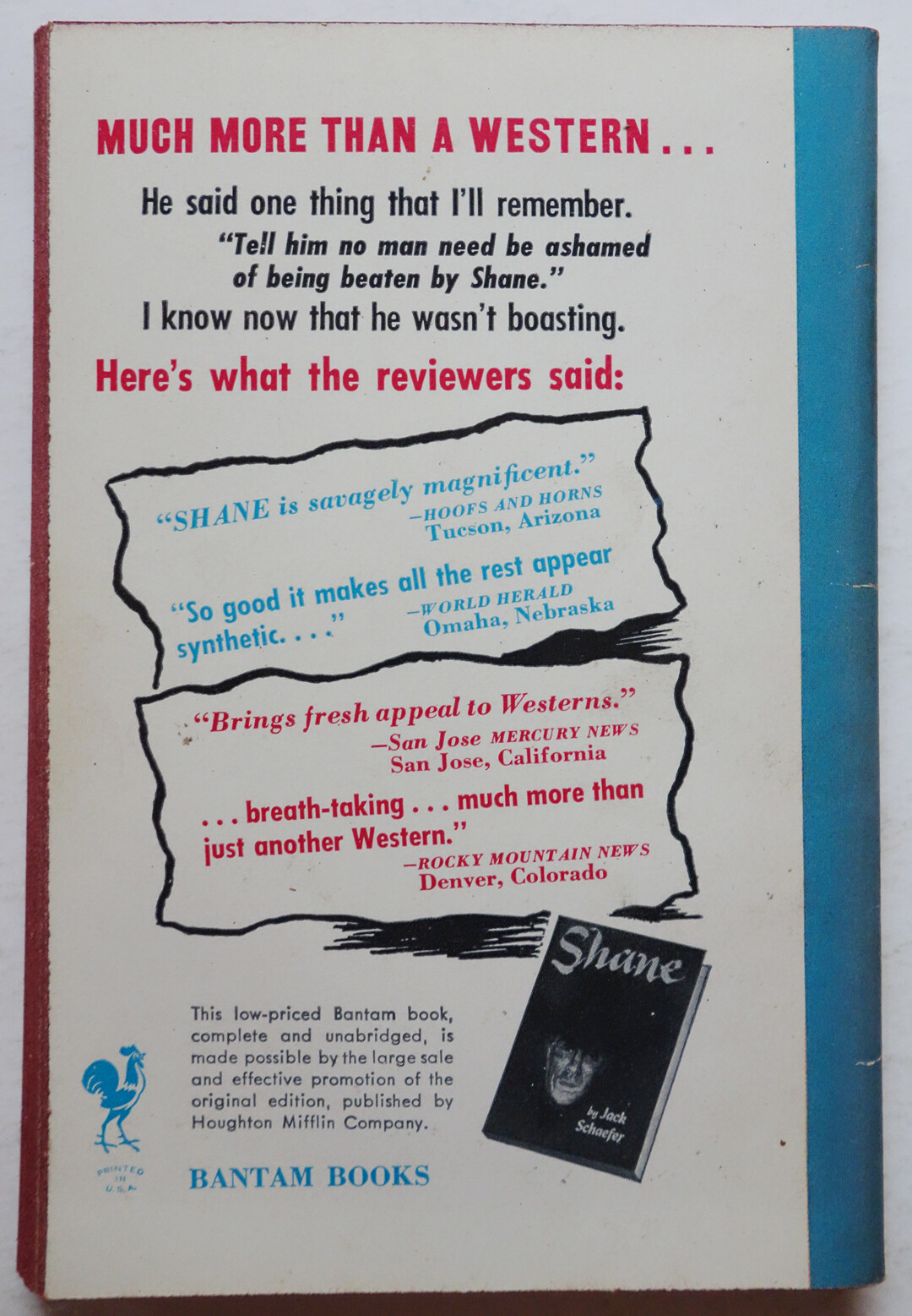 SHANE First Paperback Edition 1950 Bantam 833 JACK SCHAEFER Nice Copy!