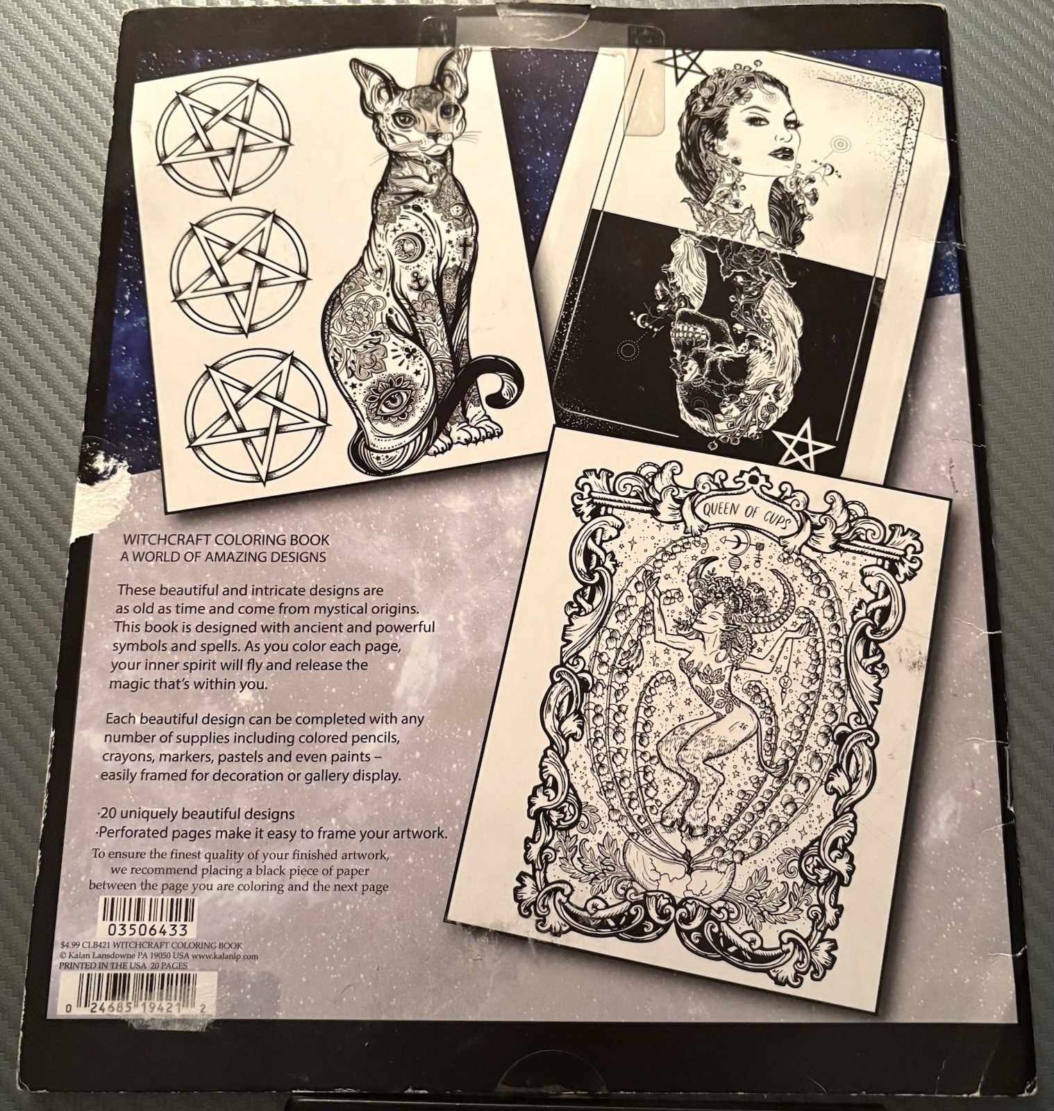 Witchcraft Coloring Book – 20 Perforated Pages Pentagram Tarot Cats 1 Page Used