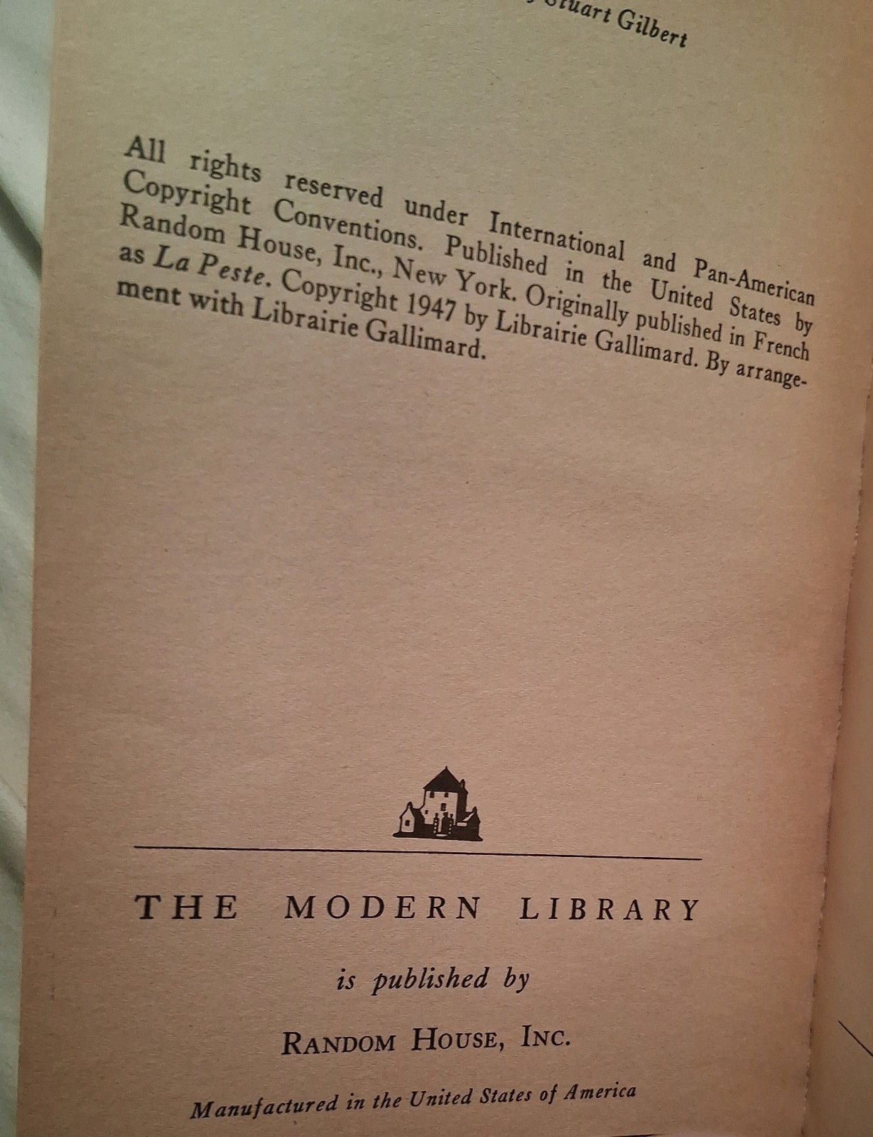 The Plague by Albert Camus Modern Library College Ed. Paperback 1948 S. Gilbert
