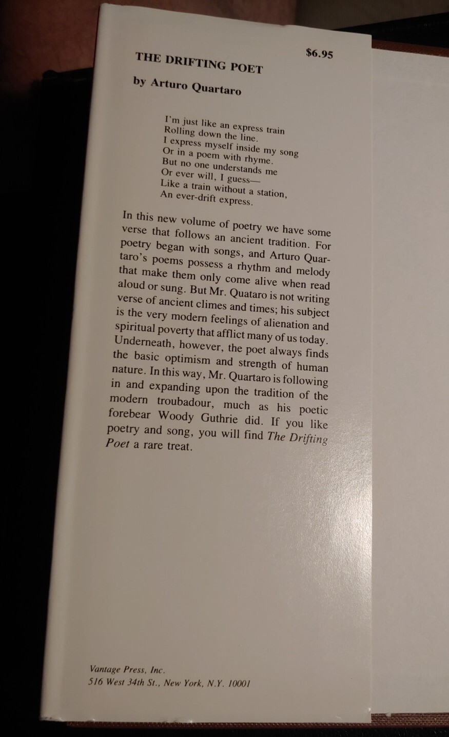 SIGNED! THE DRIFTING POET, Arturo Quartaro, 1st EDITION Hard Cover