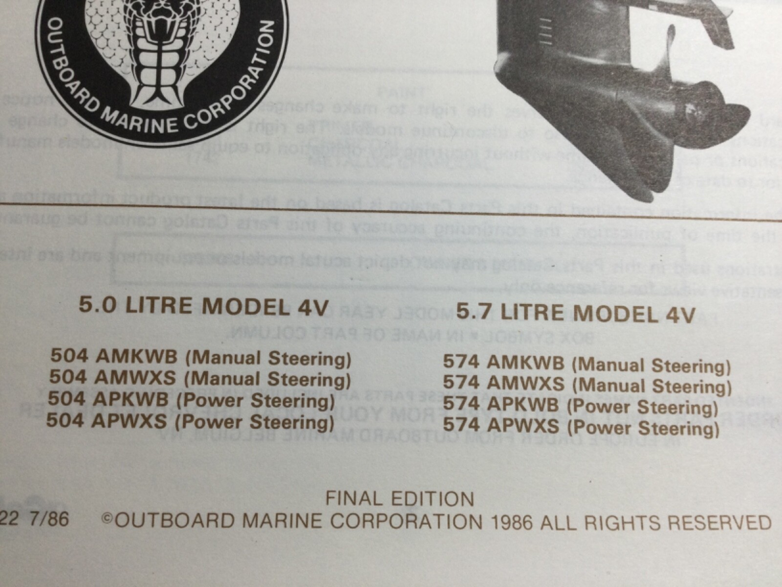 1986 OMC Cobra 5.0L & 5.7L V8 Stern Drive Parts Catalog GM 305 & 350 C.I 2V & 4V