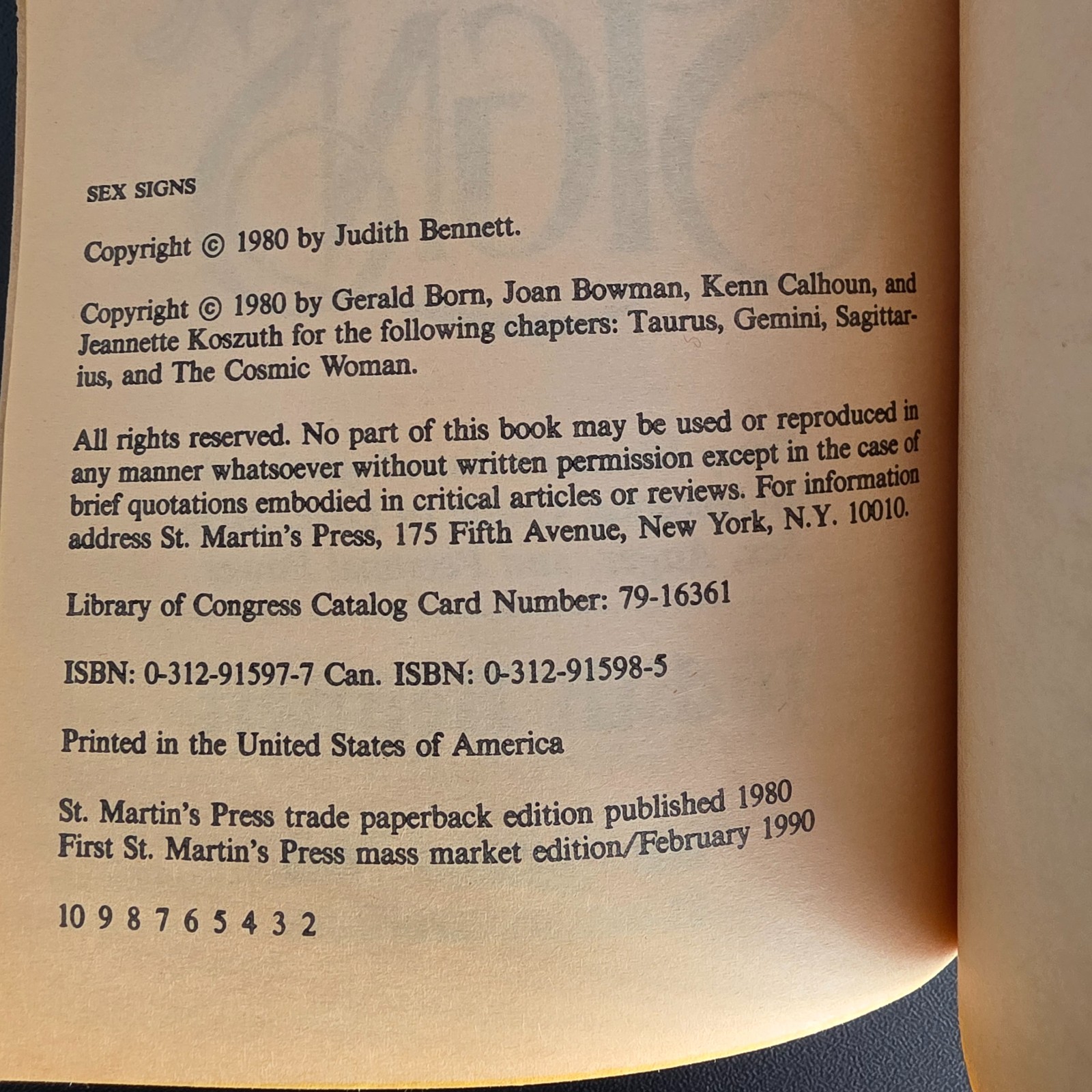 Sex Signs by Judith Bennett Vintage Paperback 1980 Astrology Love Guide Book