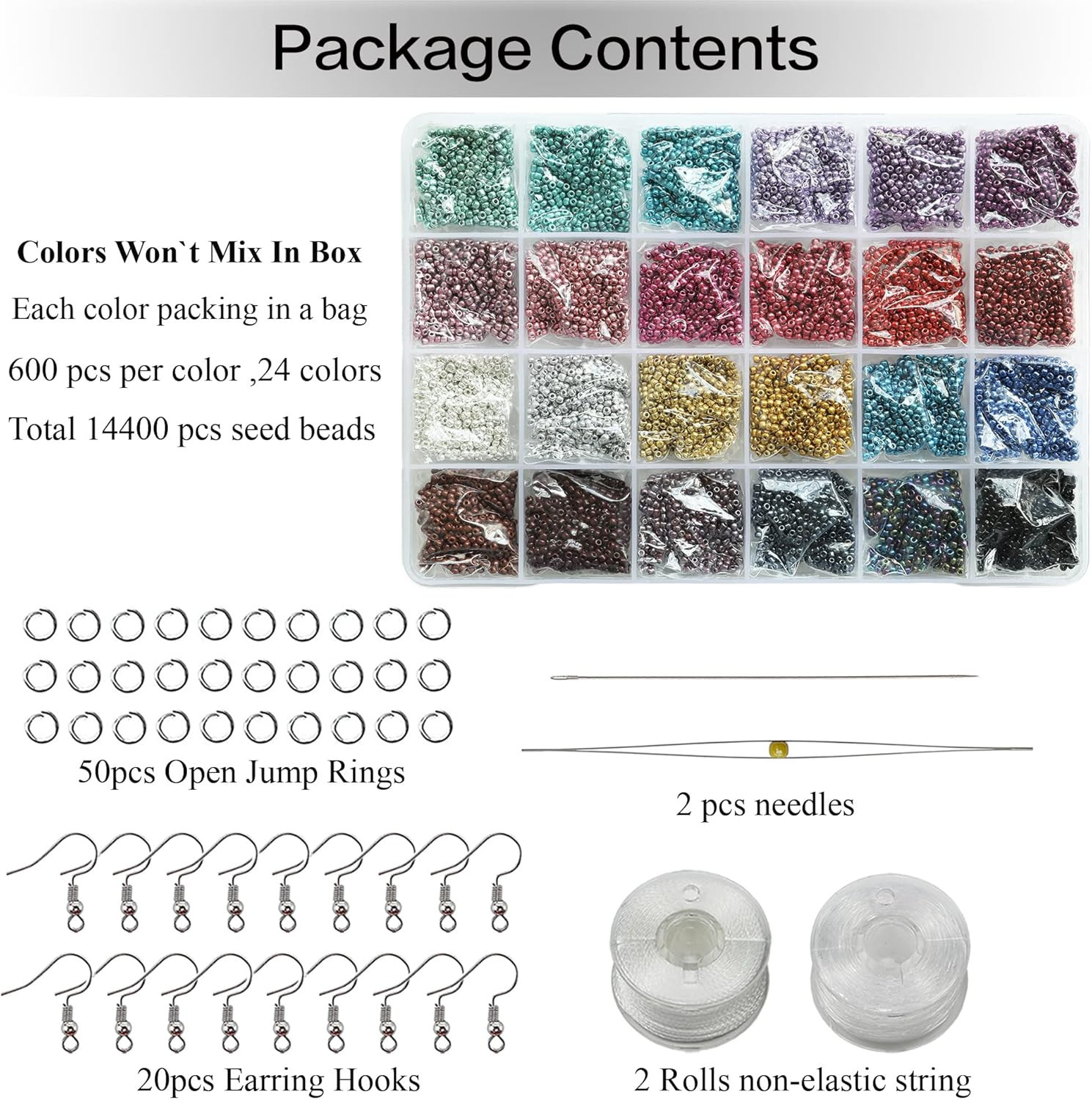 Size 2Mm Seed Beads 24 Colors Total 16800 Pcs in Box, 12/0 Small Craft Seed Bead