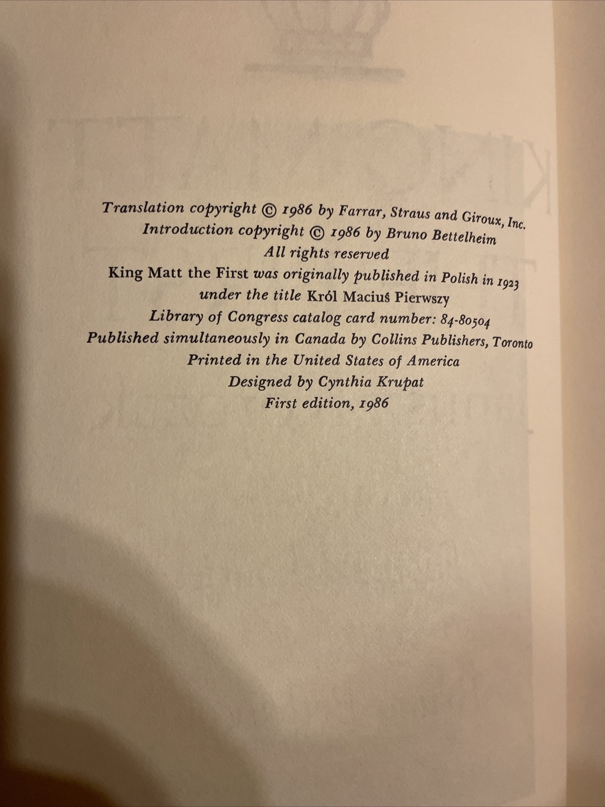 Janusz Korczak: King Matt the First HCDJ First Ed Farrar Straus Giroux 1986