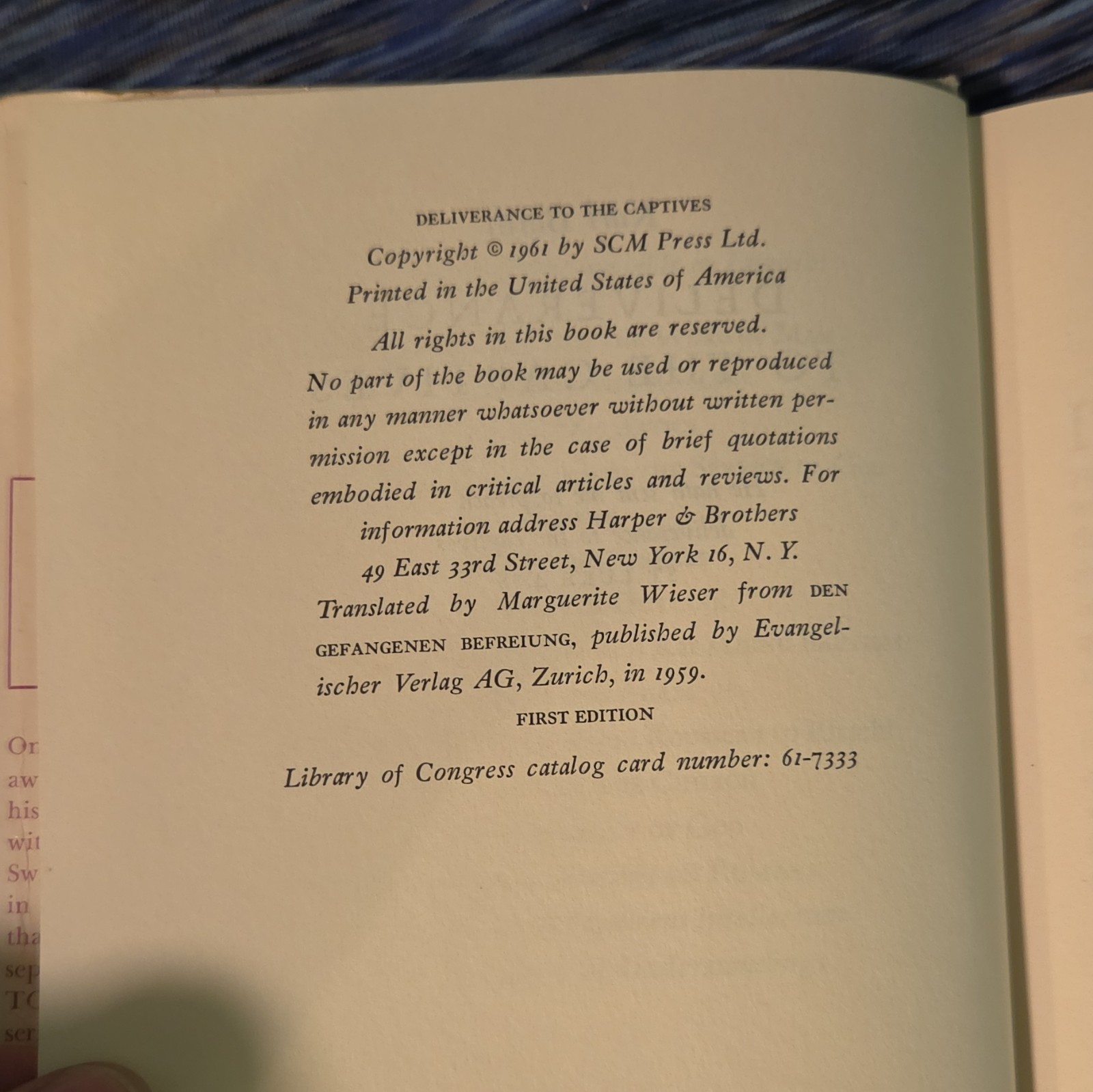 karl barth deliverance to the captives hc sermons & prayers harper 1961 1st ins