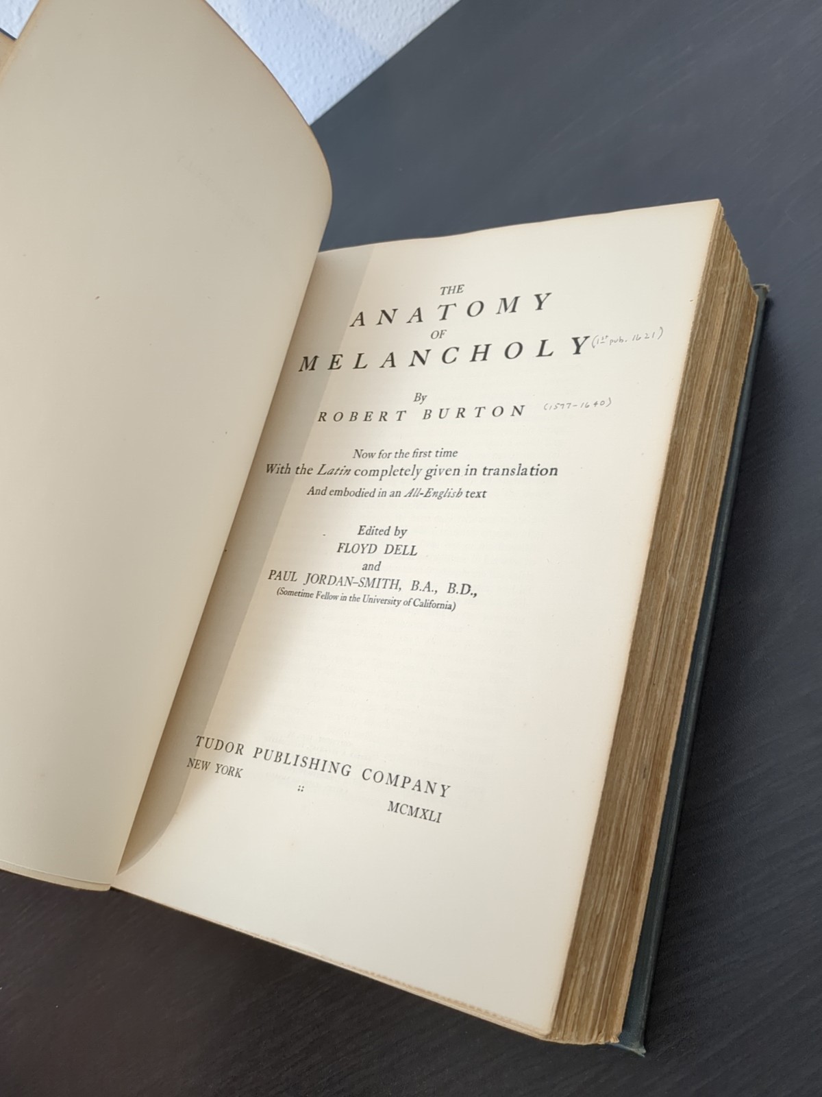 The Anatomy Of Melancholy by Robert Burton HC 1927 Tudor Publishing Company