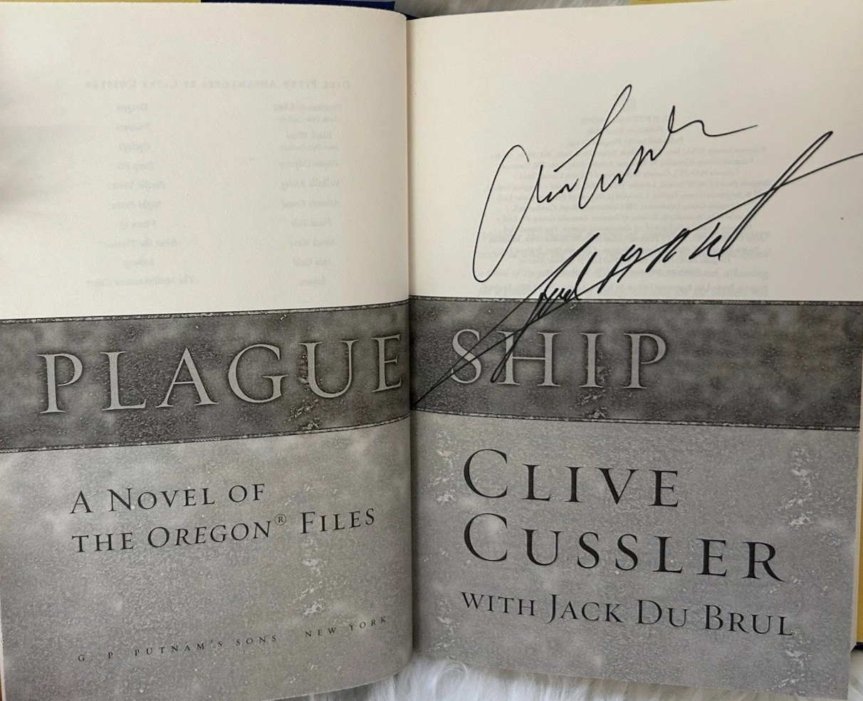 Signed x2 Plague Ship Clive Cussler Jack DuBrul 2008 HCDJ Putnam Books Very Good