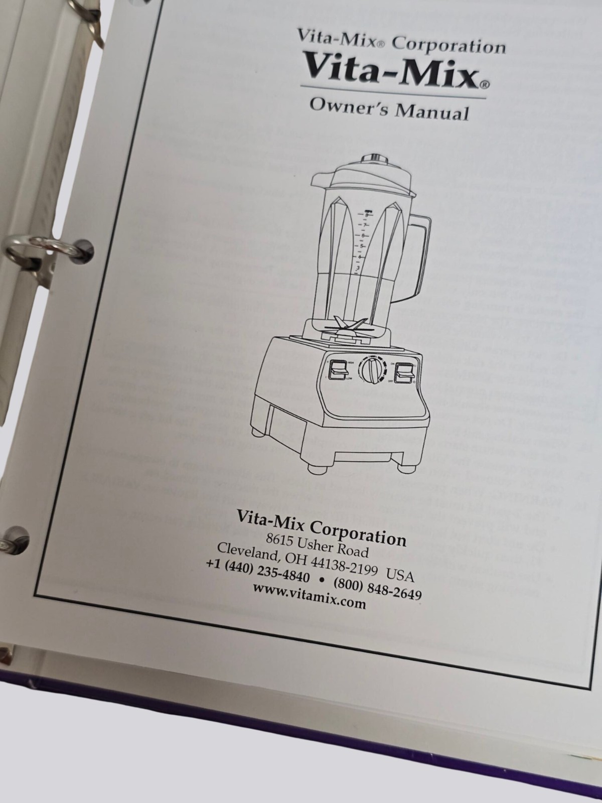 Whole Food Recipes By Vita-Mix Binder With Tabs And Owners Manual