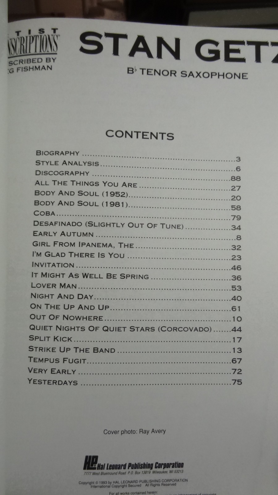 Stan Getz Artist Transcriptions 88 pages tenor sax jazz, LN $11