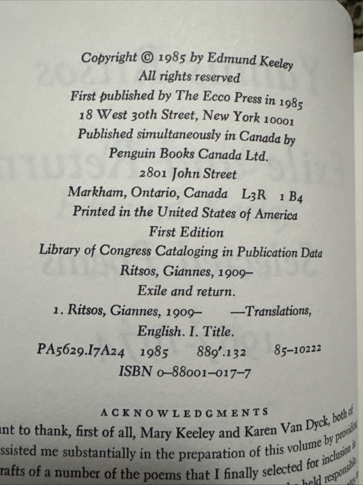 Selected Poems, 1967-1974: Exile and Return by Yannis Ritsos First Edition 1985