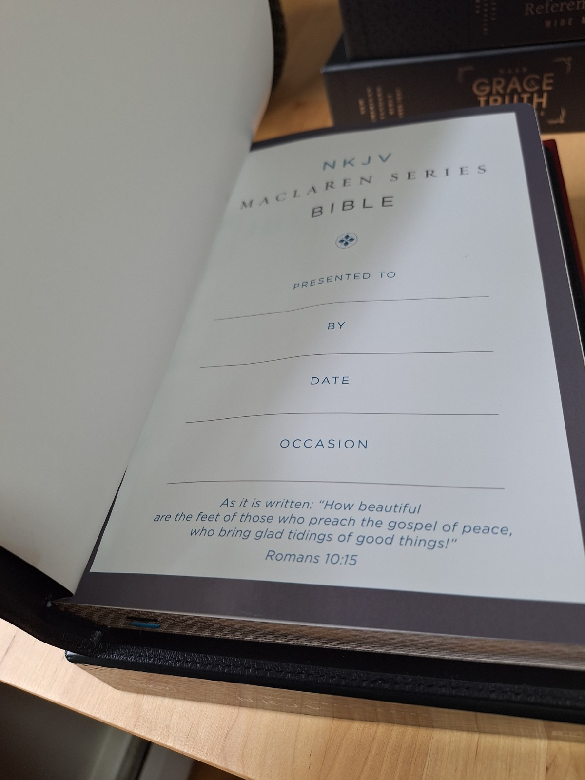 NKJV, Large Print Thinline Ref. Bible, Blue Letter, Maclaren, Genuine Leather