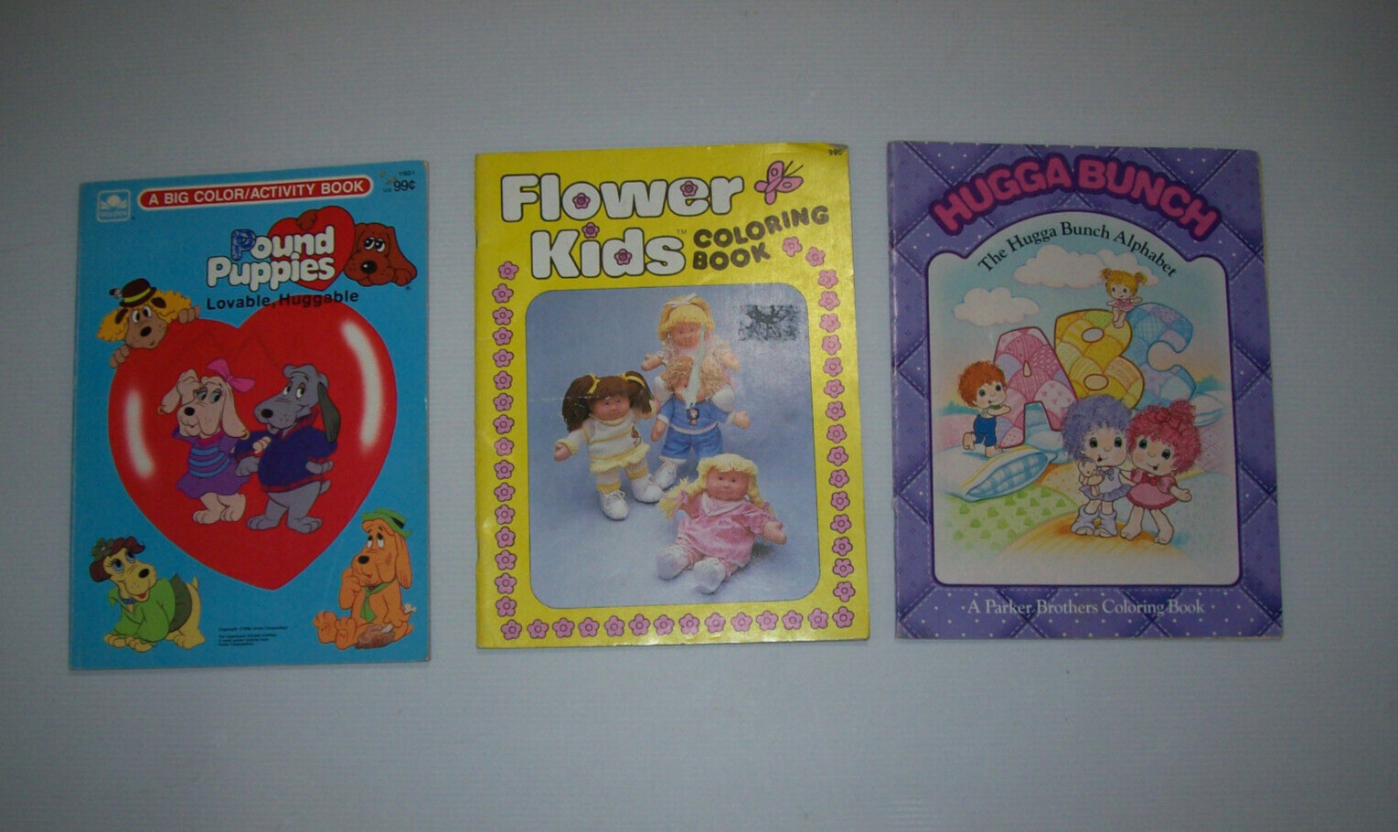 Lot of Vintage 1980s Coloring Books: HUGGA BUNCH, Pound Puppies, Flower Kids