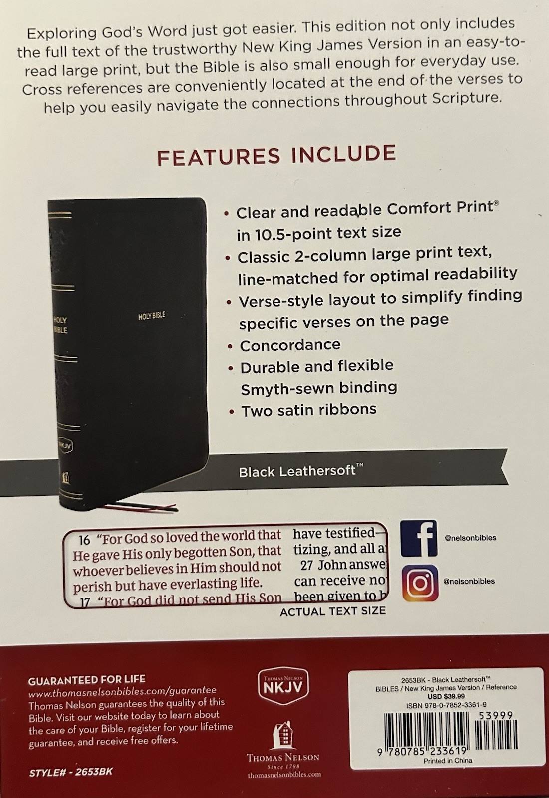 MAGNETIC CLOSURE NKJV LARGE PRINT(10.5pt) Personal Size Black Leathersoft Bible