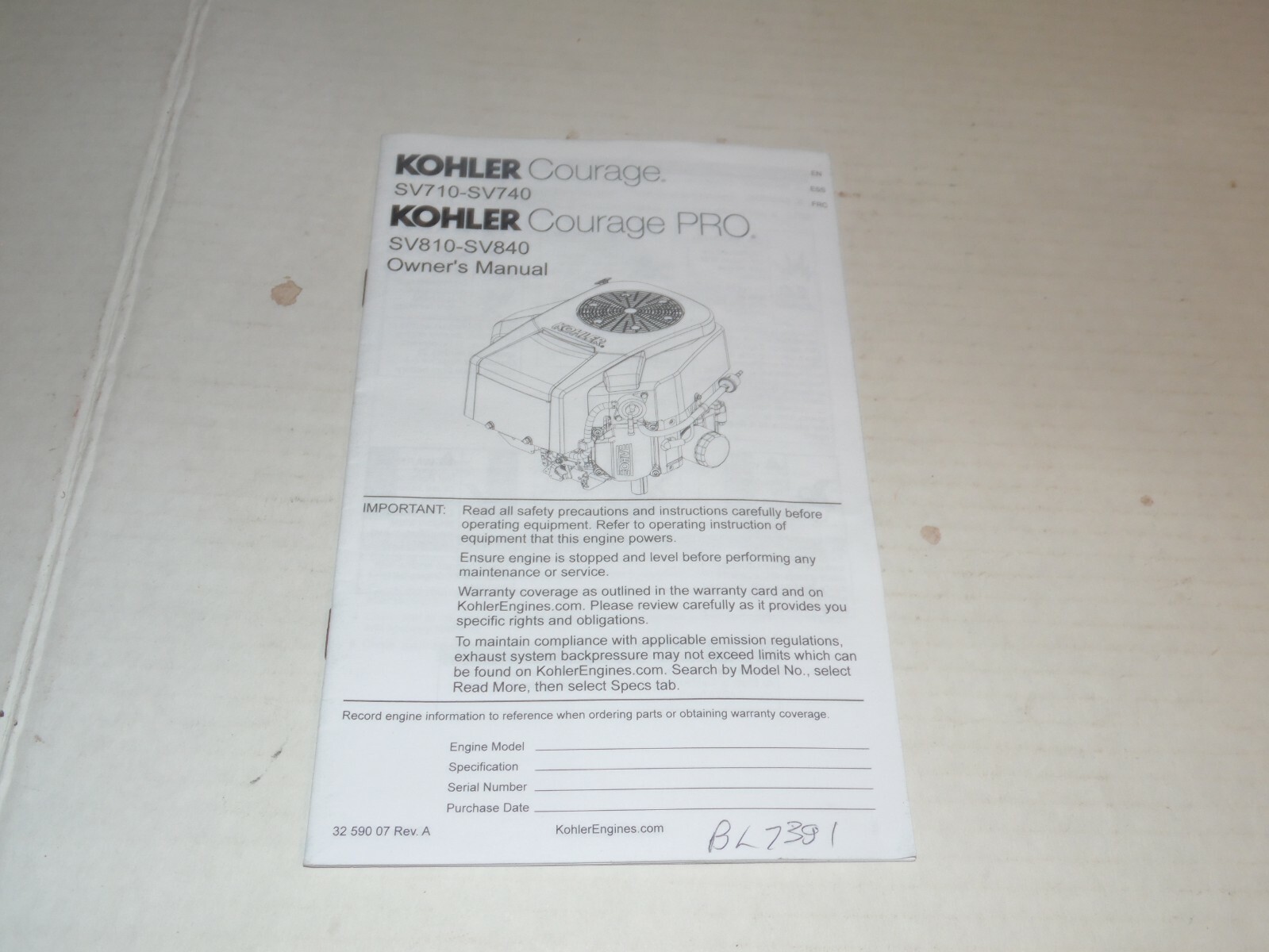 Kohler Courage SV710-SV740 Courage Pro SV810-840 Owners Manual – 24 Pages