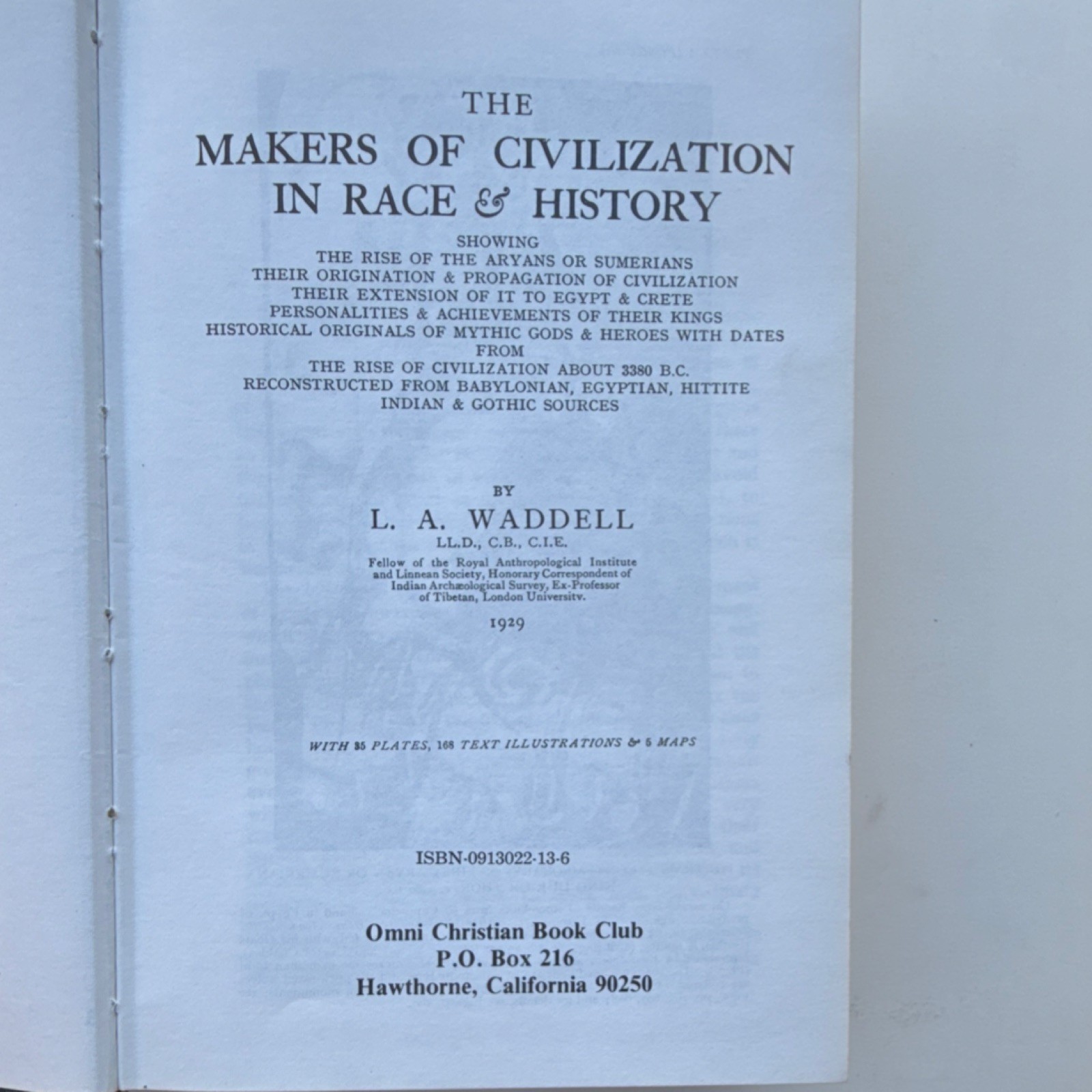 The Makers of Civilization in Race & History by L.A. Waddell, Hardcover, Omni C…