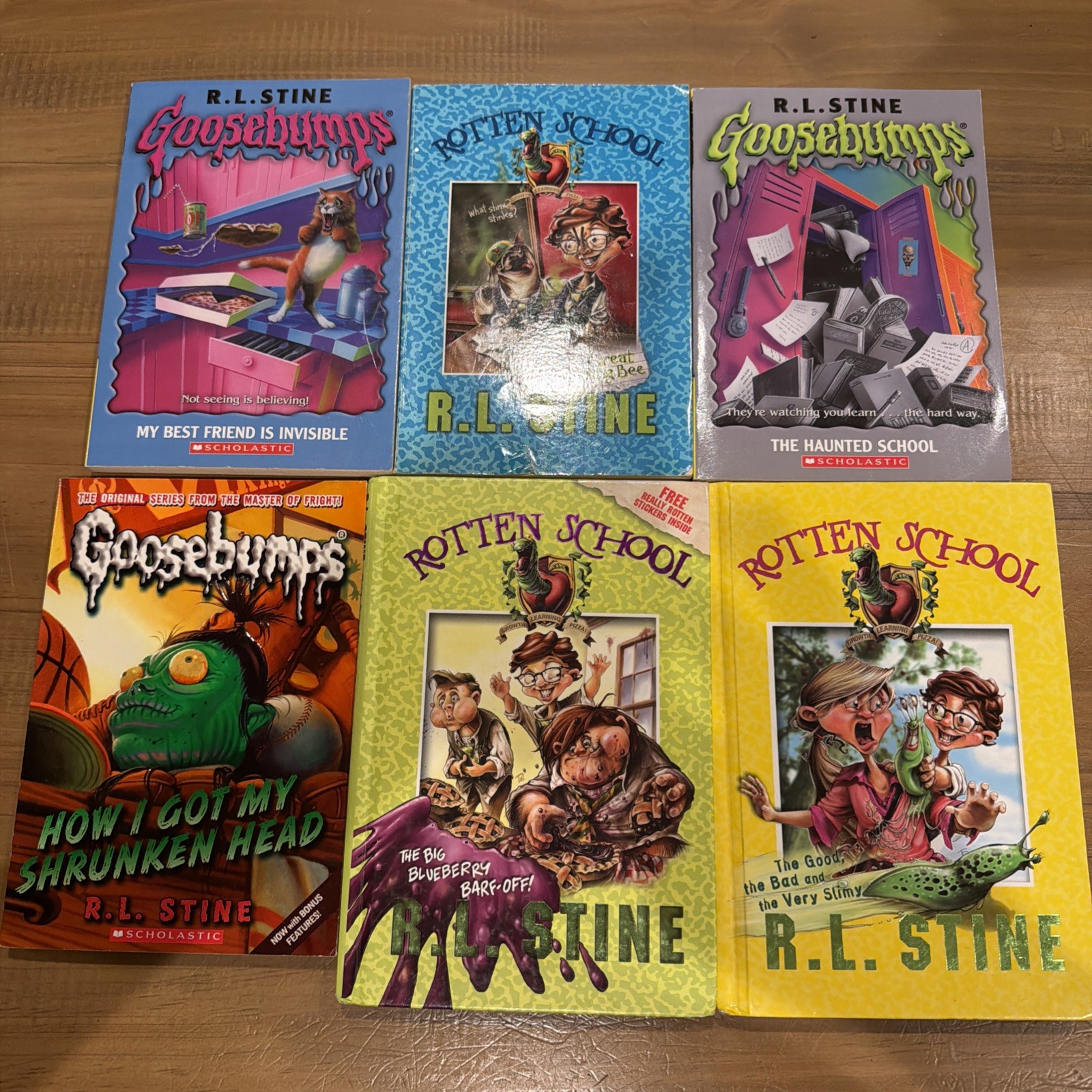 4 goosebumps paperback, 2 rotten school hardback. My best friend is invisible