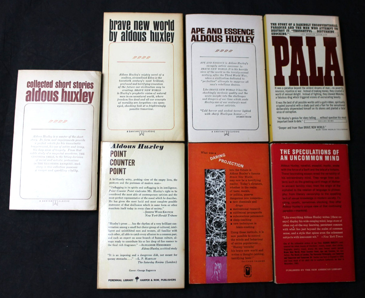 7 VINTAGE ALDOUS HUXLEY PAPERBACK BOOKS: BRAVE NEW WORLD, ISLAND, APE & ESSENCE