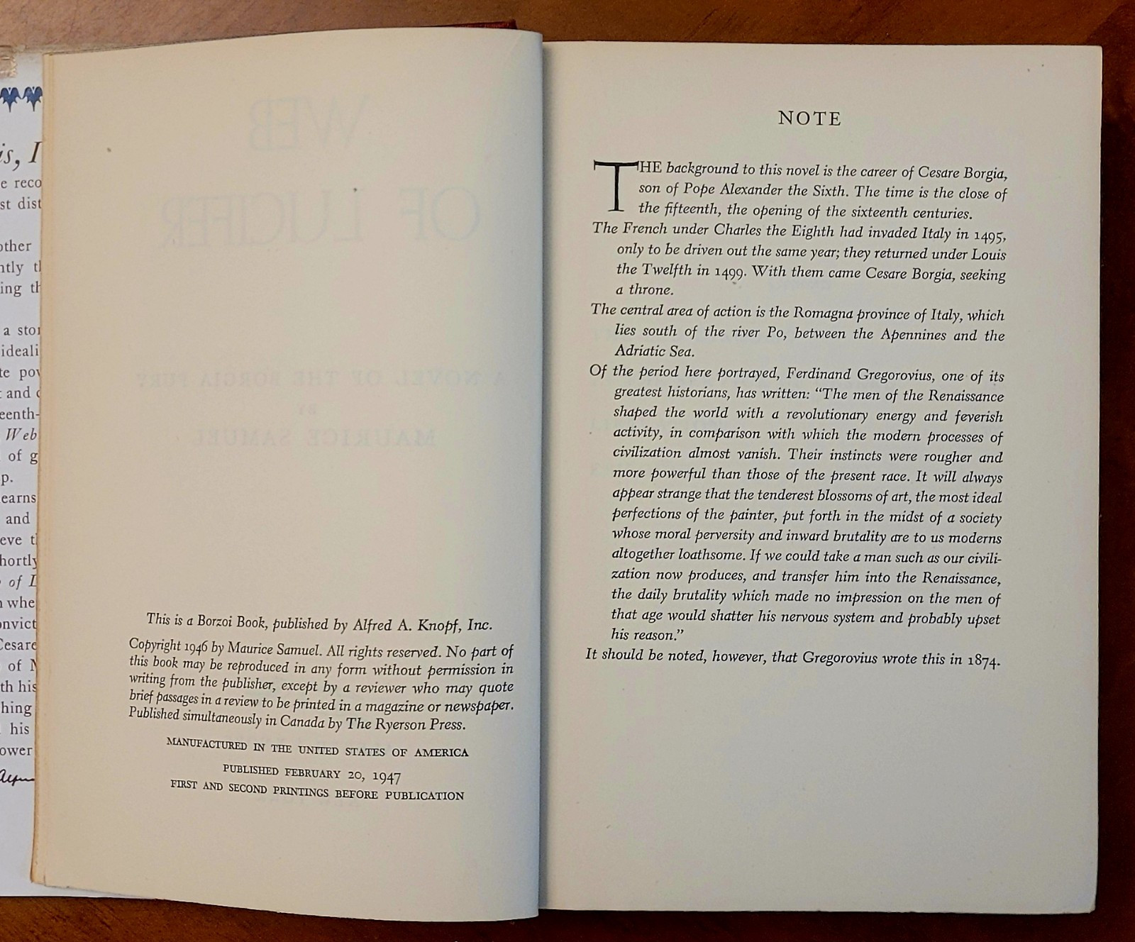 SIGNED Web of Lucifer by Maurice Samuel, 1947, 487 pages.